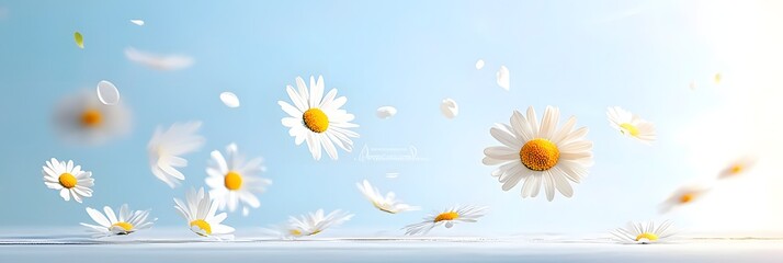 Obraz premium Whimsical background featuring a gentle dance of delicate daisy petals floating in a serene soft light