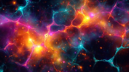 Fototapeta premium An abstract depiction of a quantum matrix, vibrant entangled patterns glowing with neon light, interconnected nodes creating depth and motion, holographic effects enhancing the futuristic atmosphere,
