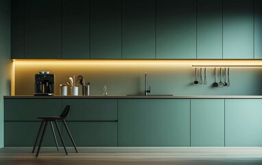 3D rendering of a green kitchen interior with a light wooden floor and wall mock-up, cabinets, a countertop, a modern minimalist style, a coffee machine on the counter, and kitchen utensils hanging on