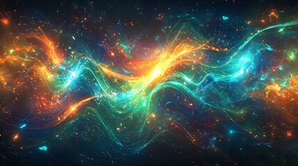 Obraz premium An abstract quantum cascade, intricate circuits flowing dynamically in a wave pattern, vibrant neon blue and green light illuminating the design,