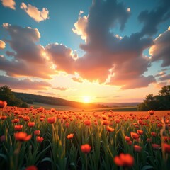 Obraz premium A vibrant tulip field at sunset, bathed in golden light, with the sun's rays filtering through the blooms