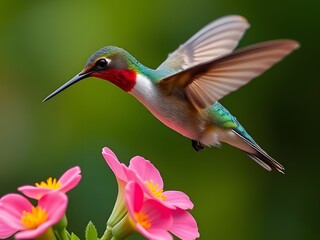 Fototapeta premium Stunning Ruby-Throated Hummingbird in Flight, Feeding on Pink Flowers, Nature and Wildlife Photography.