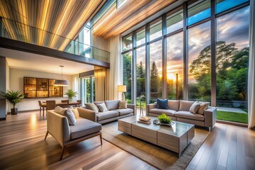 High Ceiling Living Room Interior Design - Long Exposure Photography