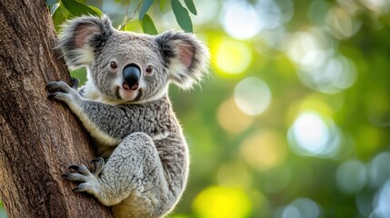 Obraz premium A close-up of a koala sitting on a eucalyptus tree, its soft gray fur and fluffy ears detailed against the rough tree bark, with green leaves framing the background.