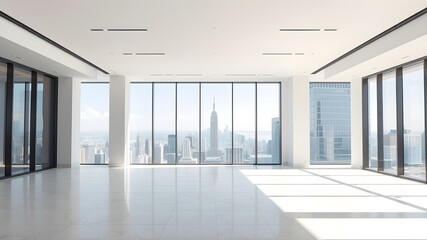 Fototapeta premium empty open plan interior with large windows with megalopolis view with a whitish white tone