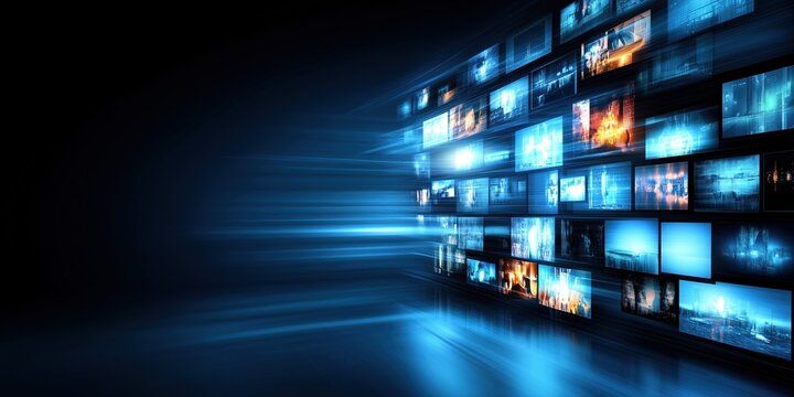 Futuristic Digital Streaming Interface with Multiple Screens, Online Media and Technology Concept