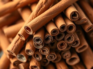 Close-up photo of dried cinnamon sticks in a pile, macro detail, aromatic spice ingredient for cooking, baking, flavor.