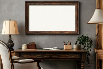 Rectangular Dark Wood Frame Above a Vintage Desk in Elegant Setup