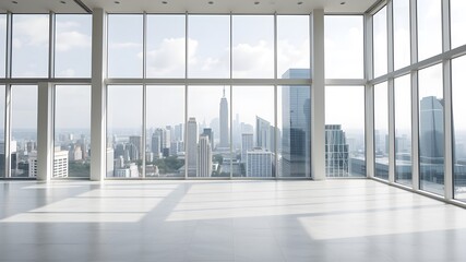 empty open plan interior with large windows with megalopolis view with a whitish white tone
