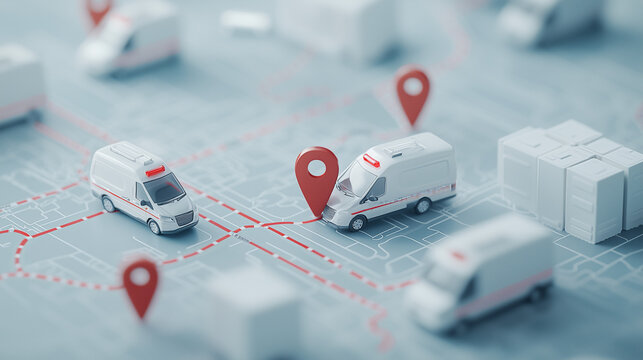 Prompt Response:
Strategic Logistics: A meticulously arranged scene of miniature ambulances and delivery trucks navigates a detailed map, each vehicle pinpointed by a vibrant location marker.