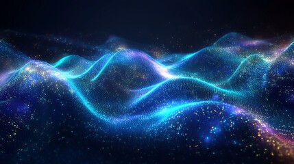 High-tech quantum circuit emitting dynamic waves of energy, abstract depiction of data pulses glowing in a dark environment, intricate holographic patterns with radiant blue and green colors,