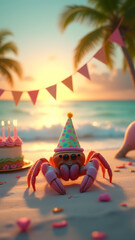 A charming crab spider in a party hat celebrates a birthday with a vibrant cake, lit candles, balloons, and bunting in a serene, tropical beach setting.