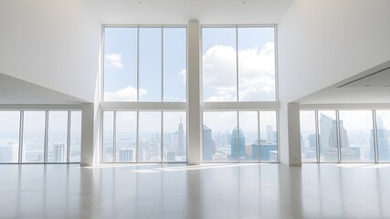 empty open plan interior with large windows with megalopolis view with a whitish white tone
