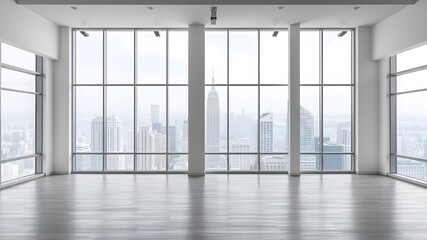 Fototapeta premium empty open plan interior with large windows with megalopolis view with a whitish white tone