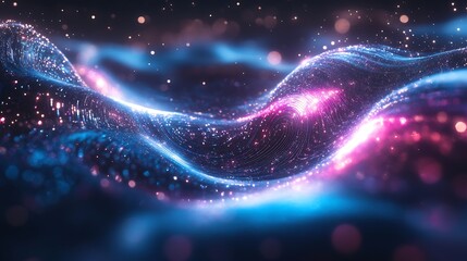 Obraz premium Quantum processor surrounded by flowing energy waves, abstract holographic circuits emitting vivid blue and purple light, luminous particles scattered throughout, futuristic and hyper-detailed,