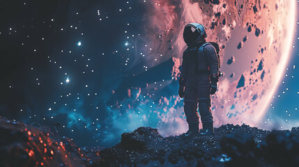 Obraz premium Spaceman and planet concept, depicting a human in space.