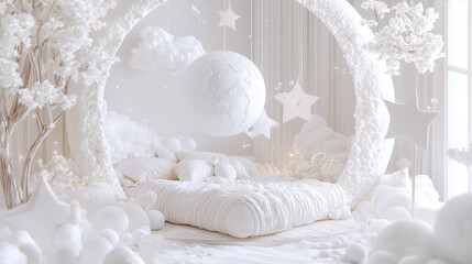 Fototapeta premium Dreamscape Bedroom: A surreal bedroom design evokes a sense of wonder and tranquility. The serene scene features a floating moon, star accents, and a crescent moon-shaped bed.