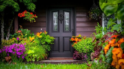 Fototapeta premium Colorful front door, lush garden