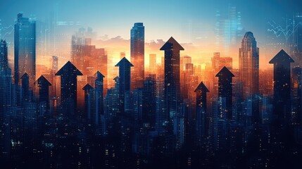Fototapeta premium successful growth companies booming economy and good business performance many arrows on background of many graphs and tall buildings