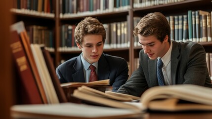 Two male students studying together in a library, surrounded by books.