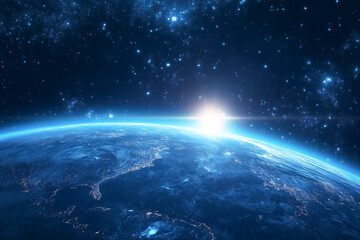 A digital image of a sunrise over Earth from space, capturing a cosmic and futuristic feel. Perfect for sci-fi and conceptual visuals.