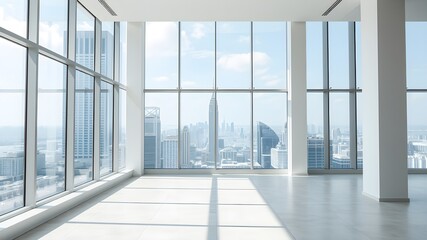 Obraz premium empty open plan interior with large windows with megalopolis view with a whitish white tone