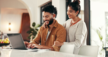 Smile, laptop or happy couple for budget goal, partnership or household bills discussion. Paperwork, profit target or people with invoice for finance report, stocks growth or income salary planning