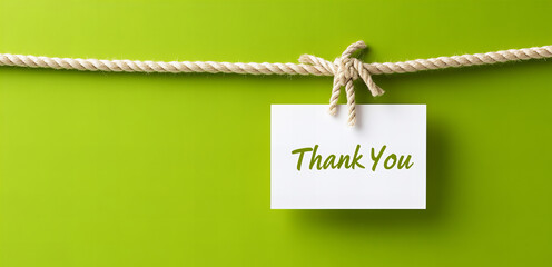 Thank you card hanging on rope against green background