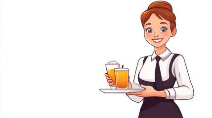 Happy Cartoon Flight Attendant Holding Tray with Refreshing Drinks