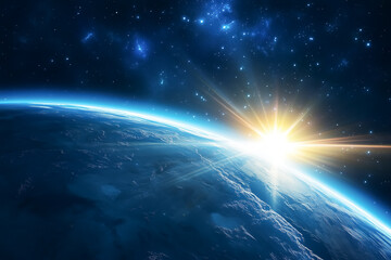 Obraz premium A digital image of a sunrise over Earth from space, capturing a cosmic and futuristic feel. Perfect for sci-fi and conceptual visuals.