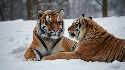 Obraz premium In this heartwarming winter scene, a majestic tiger and its unusual companion rest peacefully together in the snow-covered wilderness. The tiger’s eyes are half-closed in deep contentment
