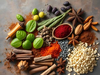 Assorted spices and herbs culinary ingredients, cinnamon, star anise, leaves, powders, seeds, and more, top view.