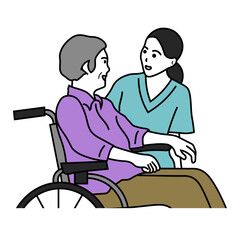 車椅子の高齢女性に寄り添う介護士のイラスト