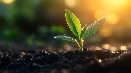 A fragile sprout growing in fertile soil, surrounded by tiny water droplets, soft golden light enhancing its vibrant green hues, dramatic contrast between light and shadow, extreme close-up,