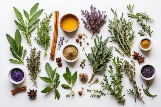 A flat lay composition of various herbs, spices, and small bottles.