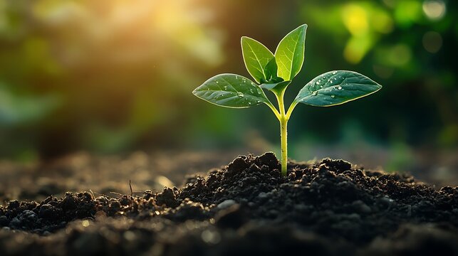 Fototapeta A newborn plant breaking through fertile, nutrient-rich soil, sunlight highlighting its vibrant green color, gentle mist in the background, highly detailed textures, macro botanical photography,