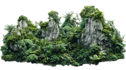 Tropical island with lush vegetation and rocky cliffs on transparent background