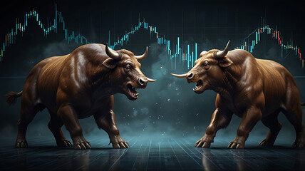 Two bronze bull statues face each other against a backdrop of stock market charts, symbolizing financial competition and market dynamics.


