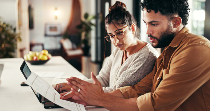 Document, laptop and couple for budget goal, partnership or household bills planning. Paperwork, profit target and people with conversation for finance report, stocks or income salary review or loan