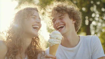 Fototapeta premium Shared Ice Cream Joy: A radiant couple shares a moment of pure joy, laughing heartily while enjoying a delicious ice cream cone, with the sun casting a warm glow