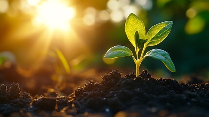 A tiny sprout breaking through the soil, its vibrant green leaves stretching towards the sky, warm sunlight enhancing its natural beauty, extreme close-up shot, soft mist in the background,