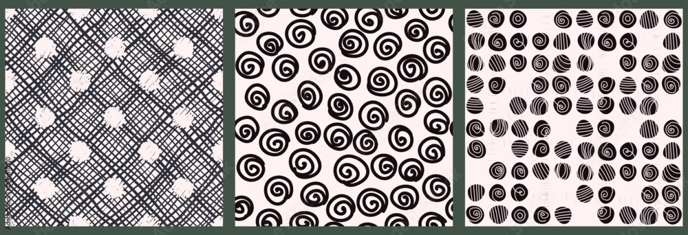 Poster set of seamless hand drawn polka dot patterns for backgrounds, business cards, web design. vector il