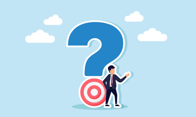 A businessman stands next to a question mark with a target board at the bottom, illustration of questioning business targets