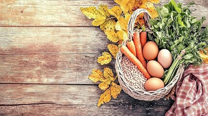 Basket with fall vegetables and eggs