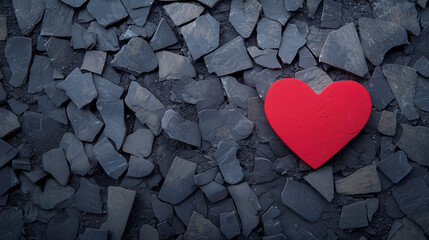 Obraz premium Love amidst the stones: A vibrant red heart rests against a backdrop of cool gray stones, the contrast enhancing the depth of the image.