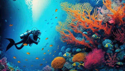 Fototapeta premium Underwater diver exploring vibrant coral reef