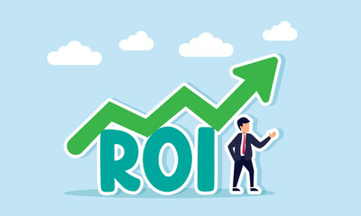 A businessman stands next to the word ROI with a rising green chart, illustration of increasing Return on Investment in business