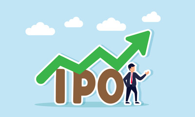 A businessman stands next to the word IPO with a rising green chart, illustration of increasing business investment capital due to IPO