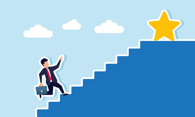 A businessman runs up the stairs to reach a star at the top, illustration of efforts to improve business product and service quality