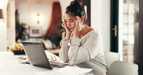 Remote work, pain and woman with headache by laptop, financial crisis and burnout with brain fog....